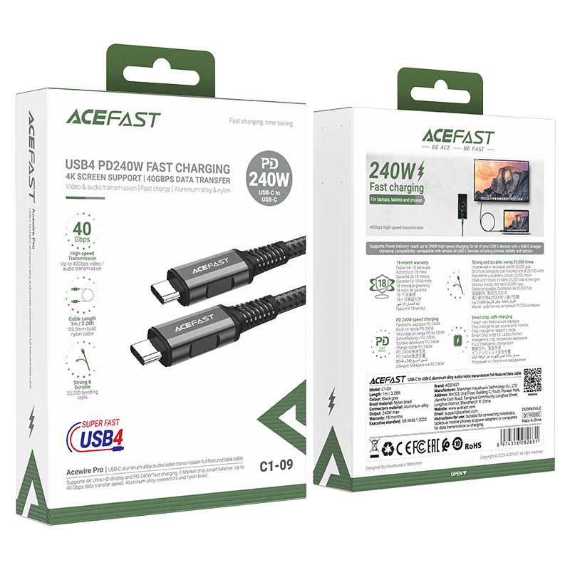 کابل شارژ دوسر تایپ سی 1 متری ایس فست 240 واتی مدل AceFast C1-09