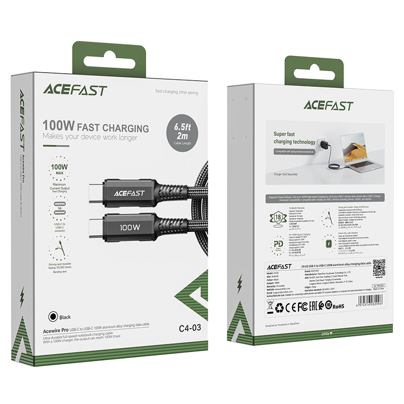 کابل شارژ دوسر تایپ سی 2 متری ایس فست مدل AceFast C4-03