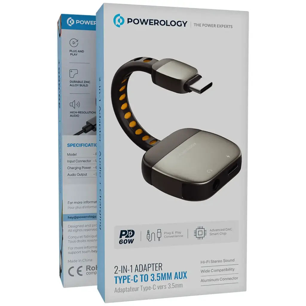 تبدیل تایپ سی به جک 3.5 میلی متری با سوکت شارژ تایپ سی پاورولوژی مدل Powerology PWYSTC8722GY