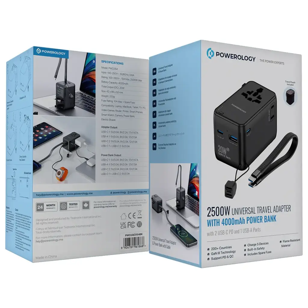 شارژر دیواری و تبدیل یونیورسال و پاوربانک 4000 میلی آمپر پاورولوژی مدل Powerology PWCUQC054BK