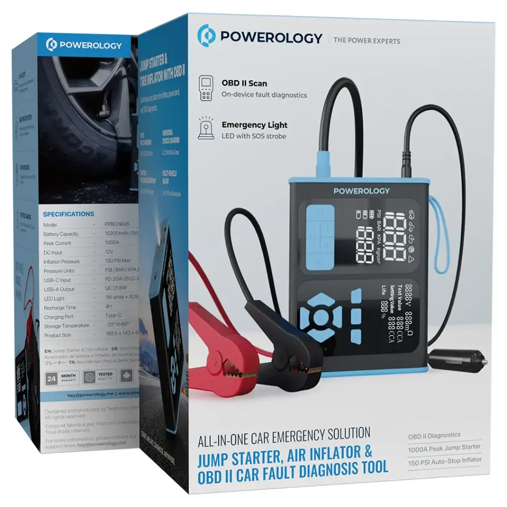 جامپ استارتر و پمپ باد و دیاگ پاورولوژی مدل Powerology PPBCHA95BKBU