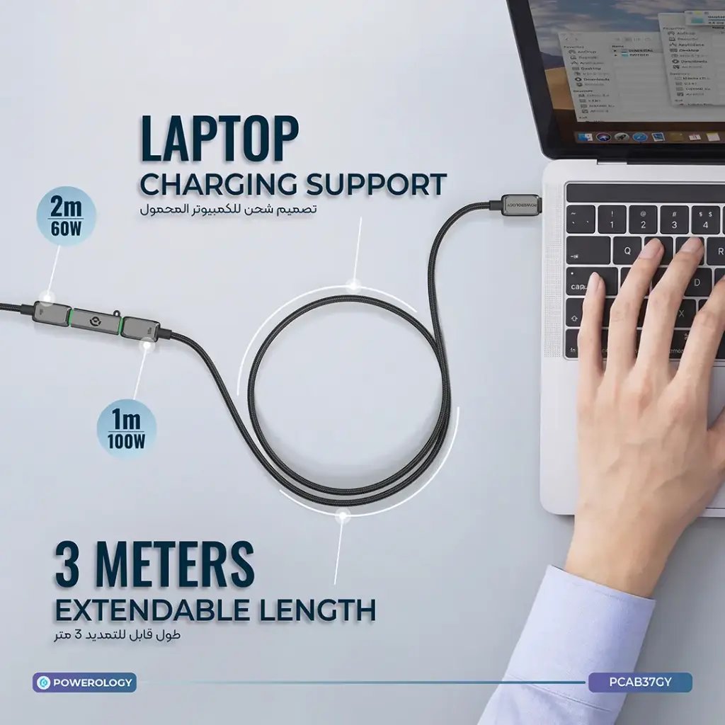 کابل دوتایی 2 سر تایپ سی پاورولوژی به همراه تبدیل مدل Powerology Argos pcab37gy (تصویر چهارم)