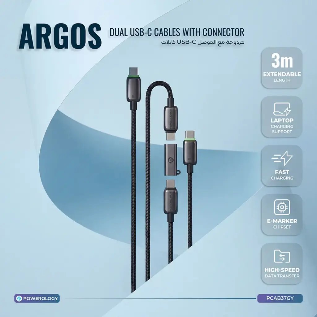 کابل دوتایی 2 سر تایپ سی پاورولوژی به همراه تبدیل مدل Powerology Argos pcab37gy (تصویر ششم)