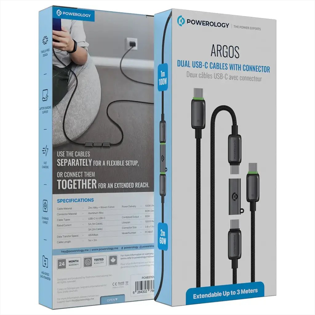 کابل دوتایی 2 سر تایپ سی پاورولوژی به همراه تبدیل مدل Powerology Argos pcab37gy (تصویر سوم)