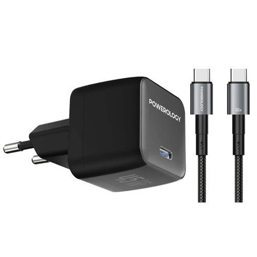 شارژر دیواری 45 واتی گان با کابل شارژ دوسر تایپ سی 1 متری پاورولوژی مدل Powerology PWCUQC056BK