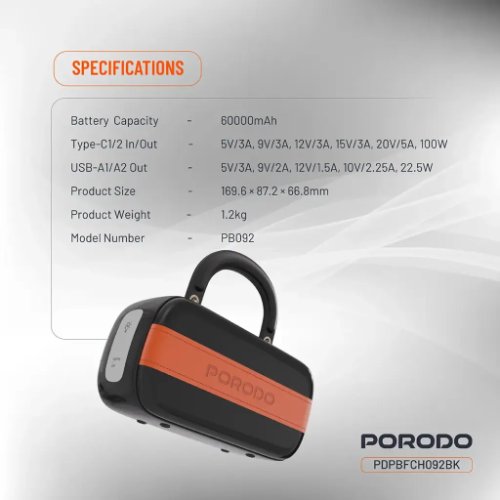 پاوربانک پرودو 60000 میلی آمپر 100 واتی sway مدل Porodo PBFCH092BK (تصویر سوم)